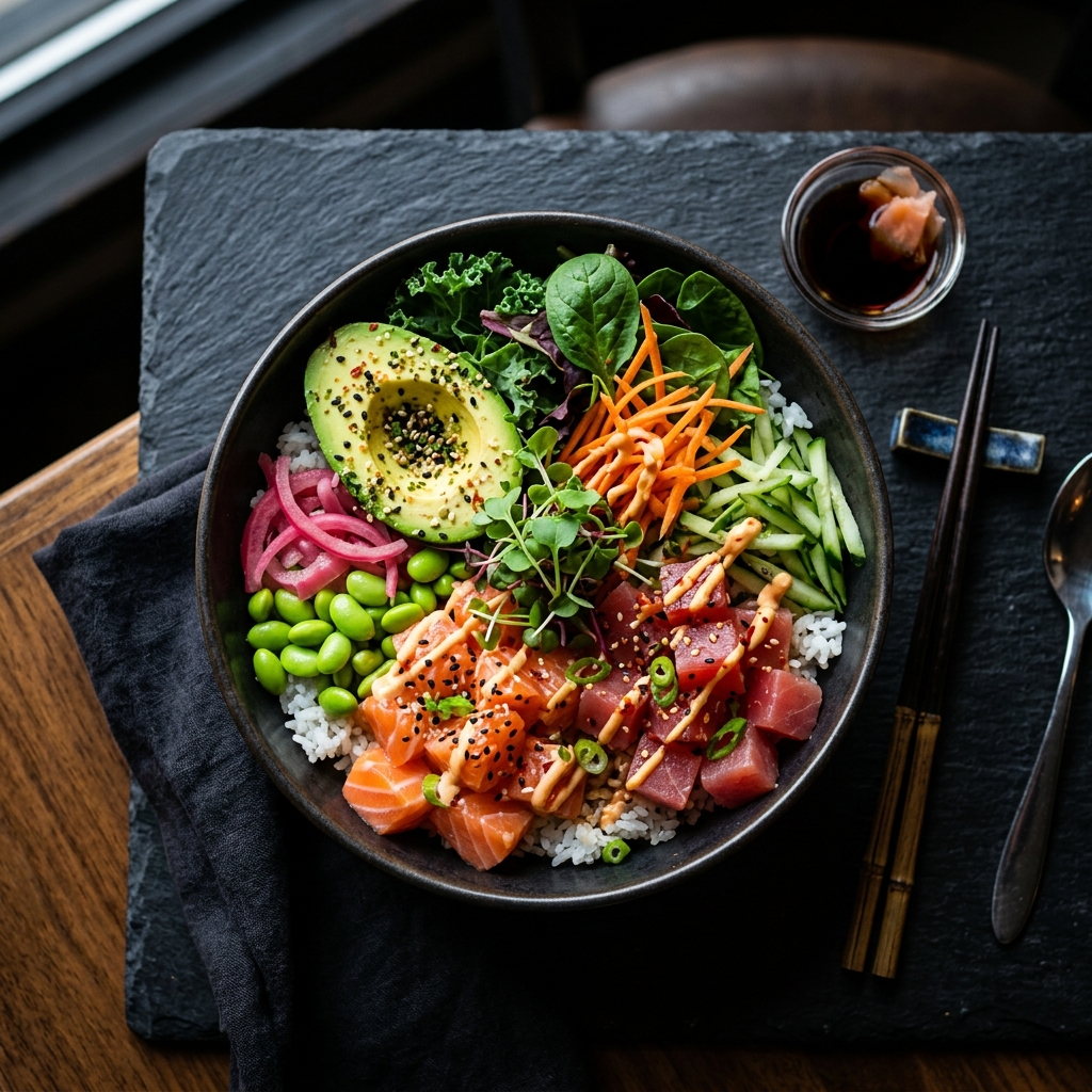 Delicioso poke bowl con ingredientes frescos